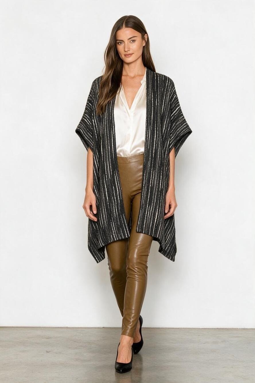 Eskandar Wool Kimono Textured Knitted Woven Layering Kimono Black One Size